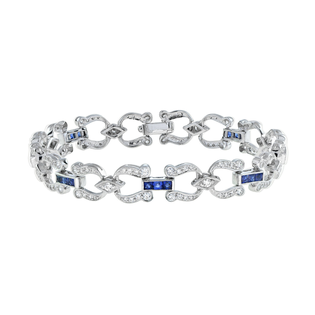 Art Deco Style Inspired Blue Sapphire & Diamond Tennis Line White Gold Bracelet