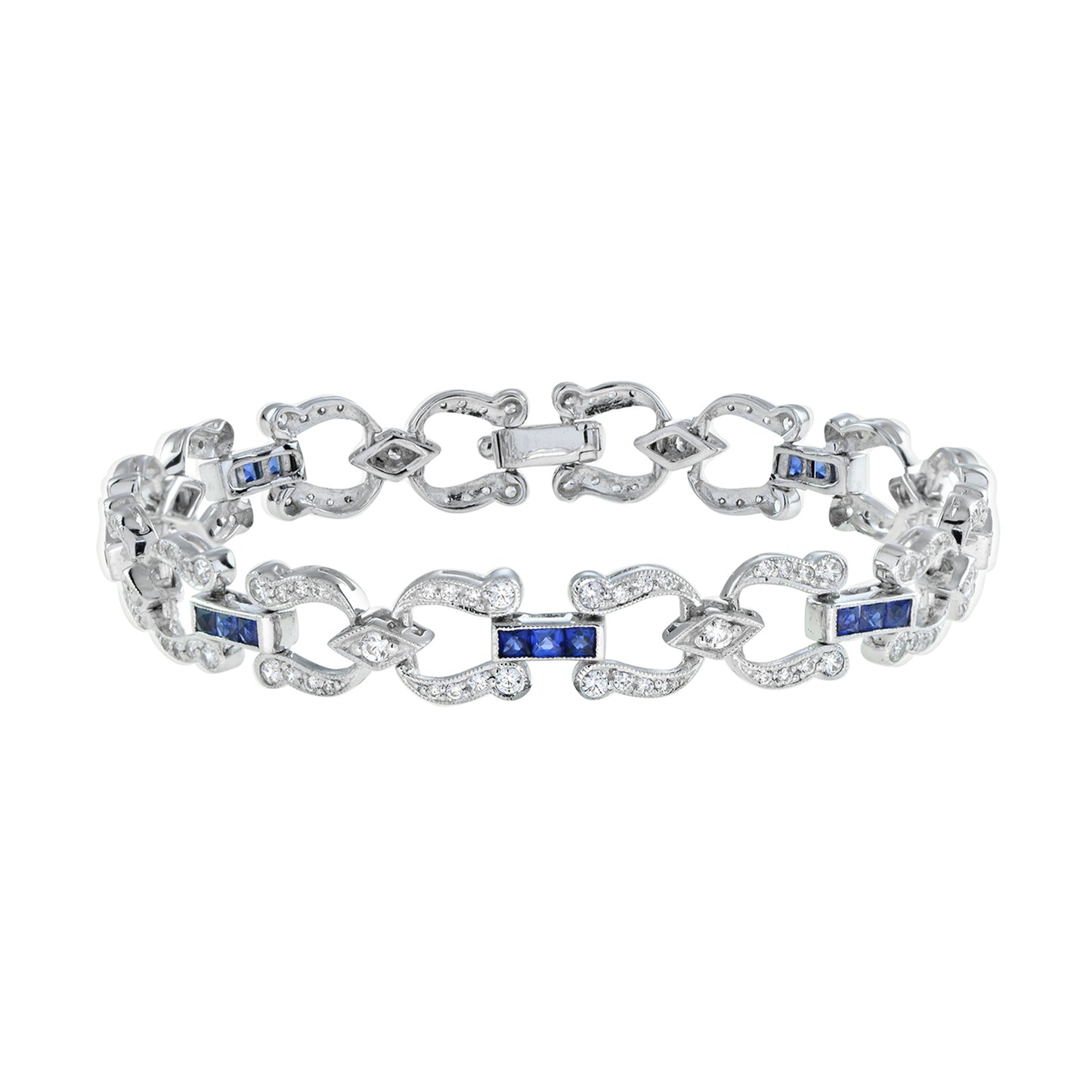 art deco style inspired blue sapphire & diamond tennis line white gold bracelet