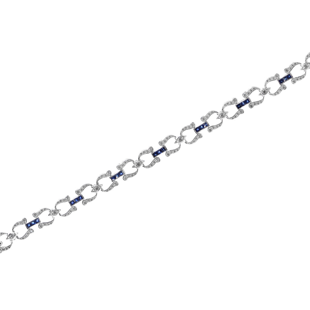 Art Deco Style Inspired Blue Sapphire & Diamond Tennis Line White Gold Bracelet