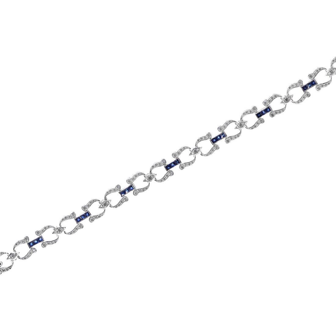 Art Deco Style Inspired Blue Sapphire &amp; Diamond Tennis Line White Gold Bracelet