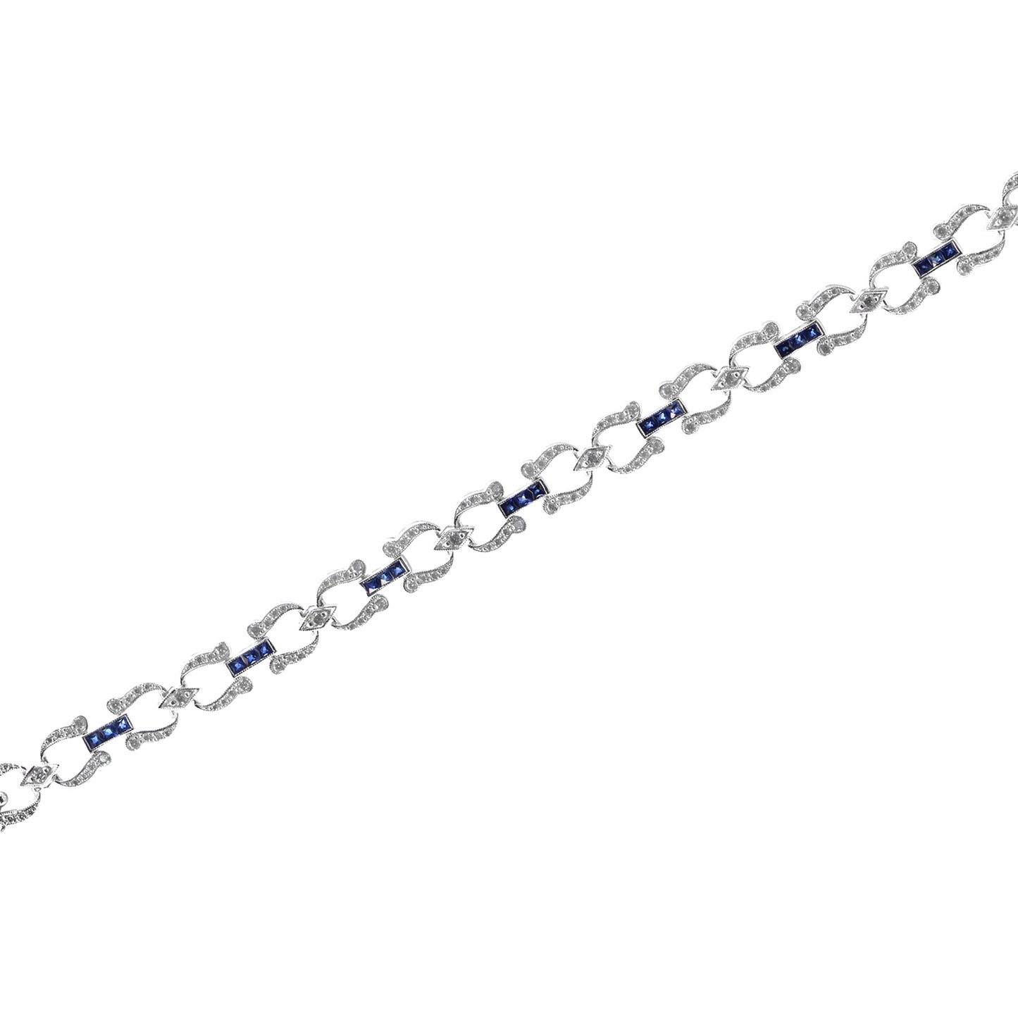art deco style inspired blue sapphire & diamond tennis line white gold bracelet