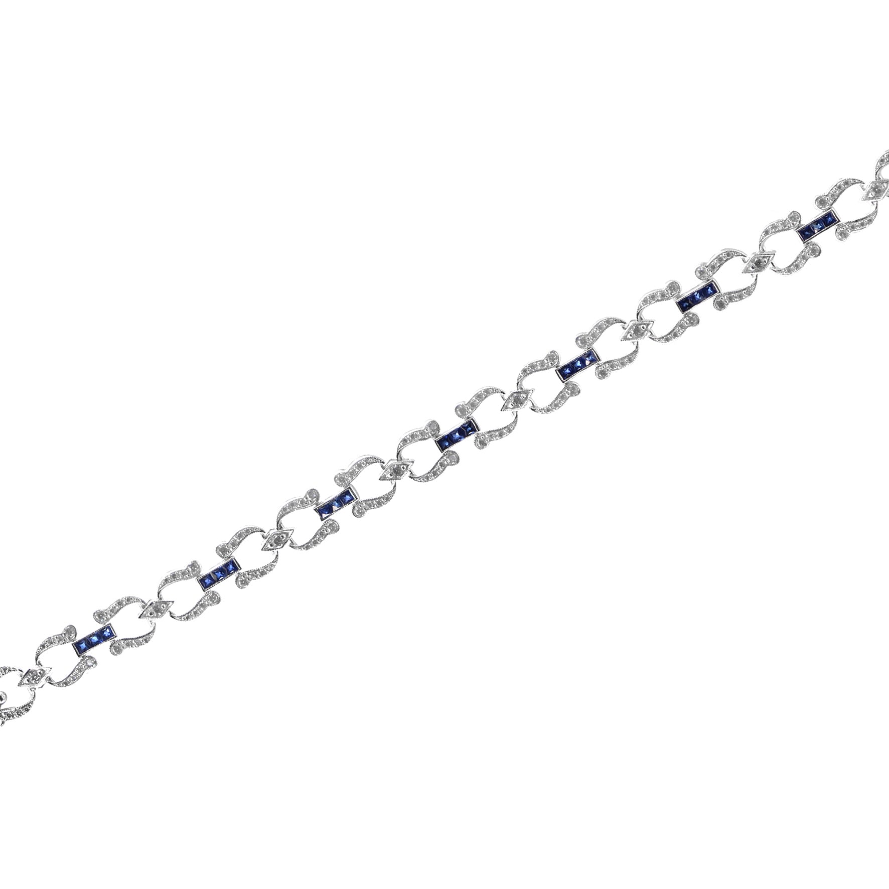 Art Deco Style Inspired Blue Sapphire & Diamond Tennis Line White Gold Bracelet