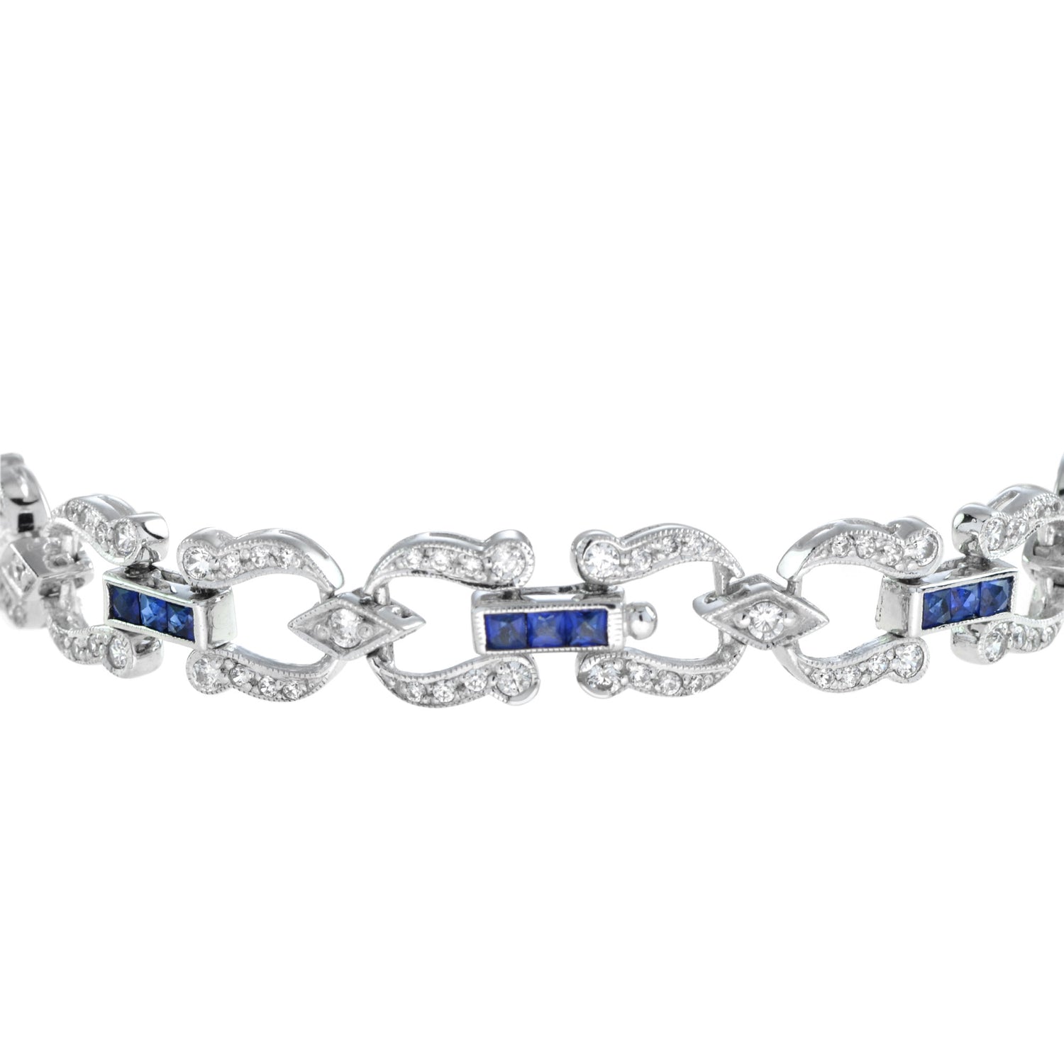Art Deco Style Inspired Blue Sapphire &amp; Diamond Tennis Line White Gold Bracelet