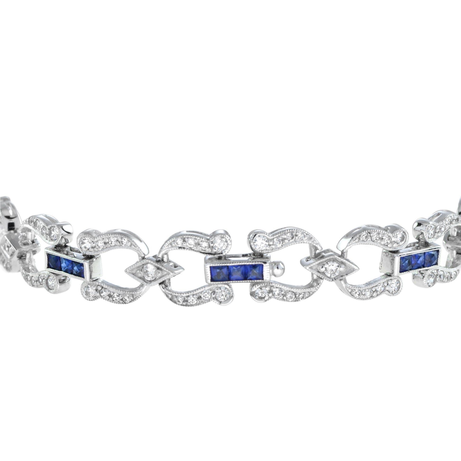 Art Deco Style Inspired Blue Sapphire & Diamond Tennis Line White Gold Bracelet