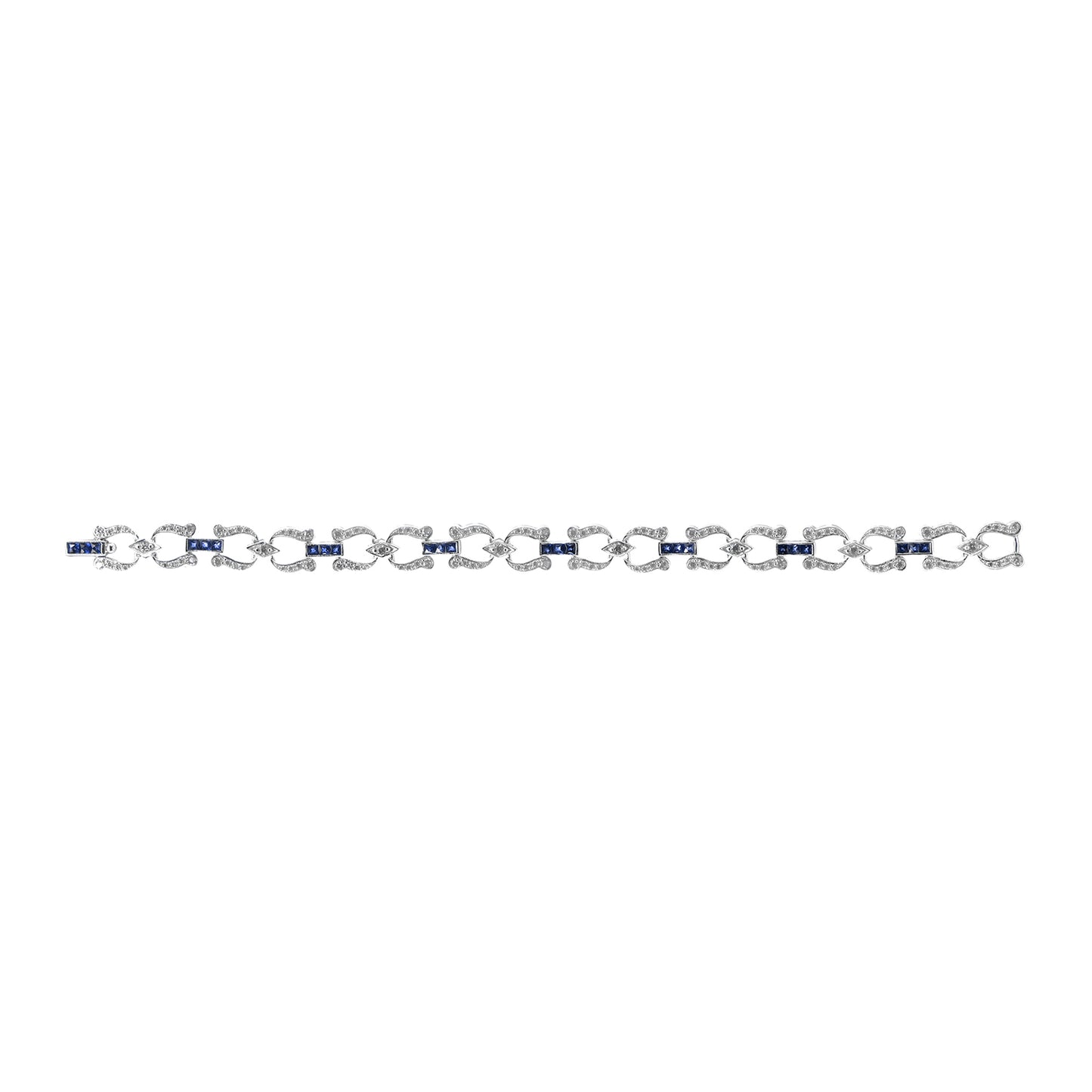 art deco style inspired blue sapphire & diamond tennis line white gold bracelet