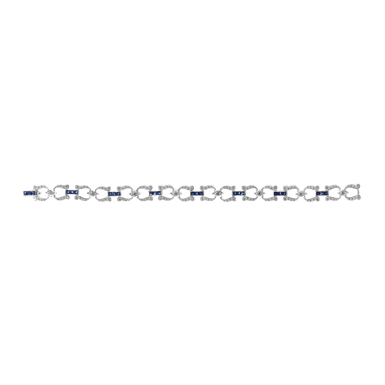 Art Deco Style Inspired Blue Sapphire &amp; Diamond Tennis Line White Gold Bracelet