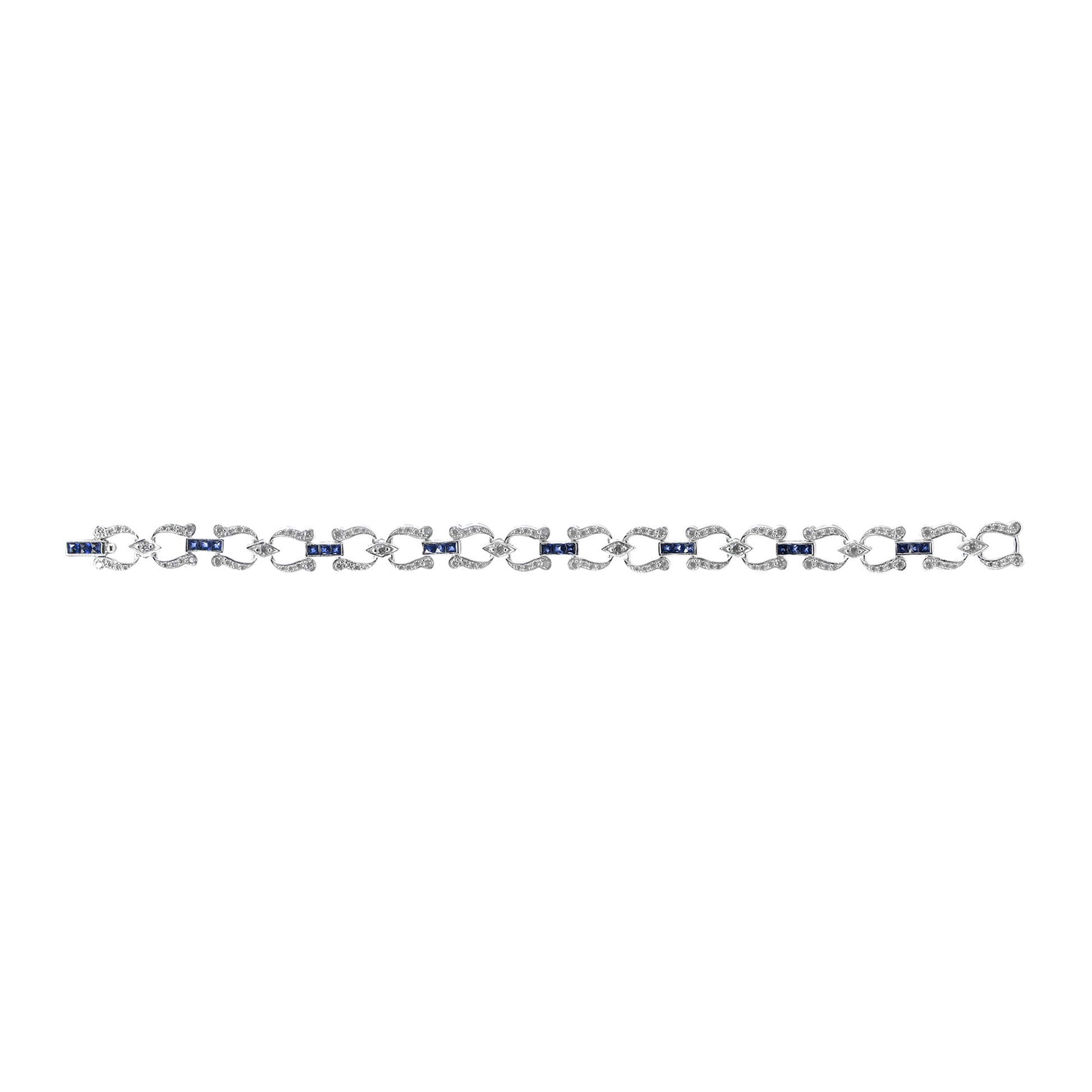 Art Deco Style Inspired Blue Sapphire & Diamond Tennis Line White Gold Bracelet