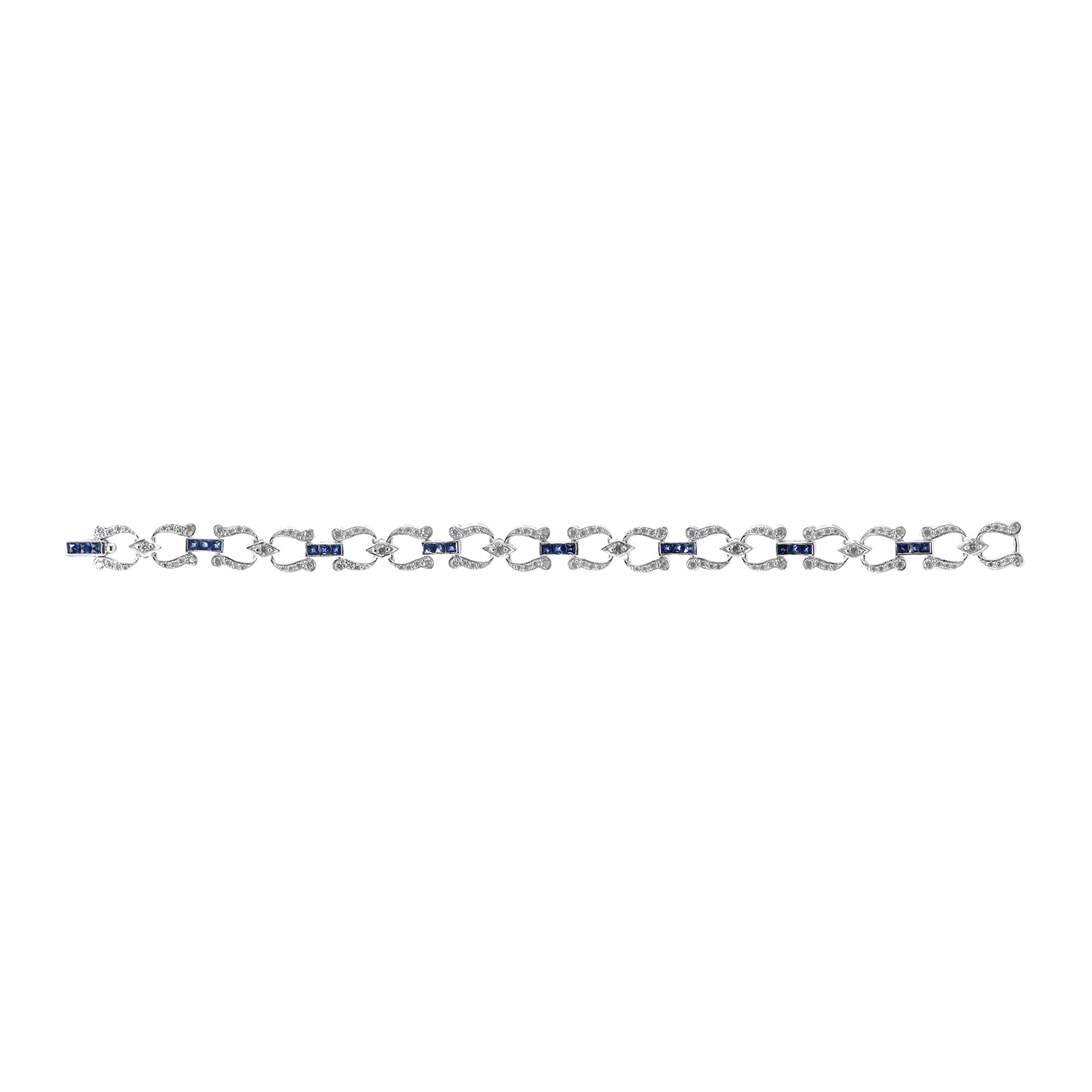 Art Deco Style Inspired Blue Sapphire &amp; Diamond Tennis Line White Gold Bracelet