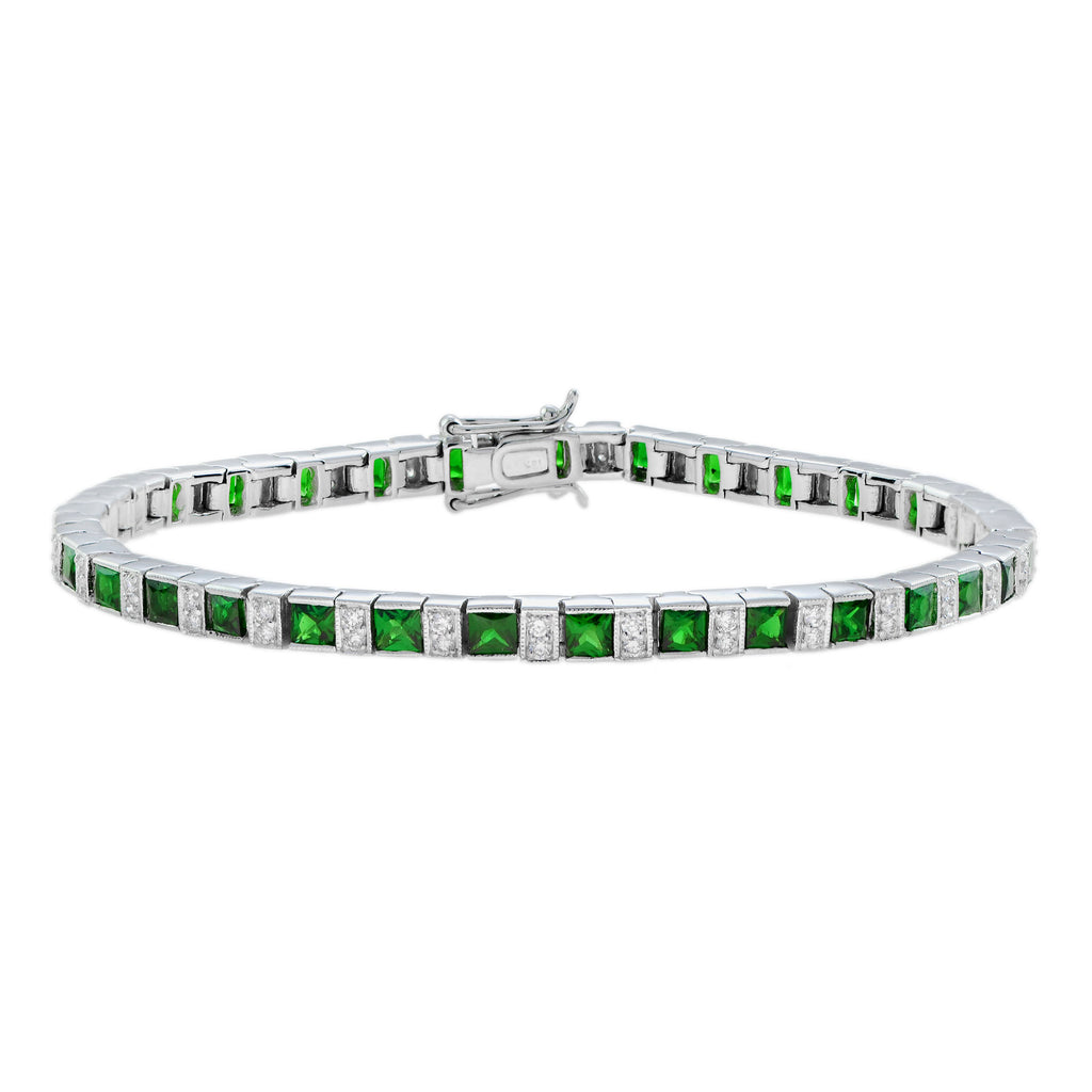 Square Green Tsavorite & Diamond Art Deco Style Tennis Line White Gold Bracelet