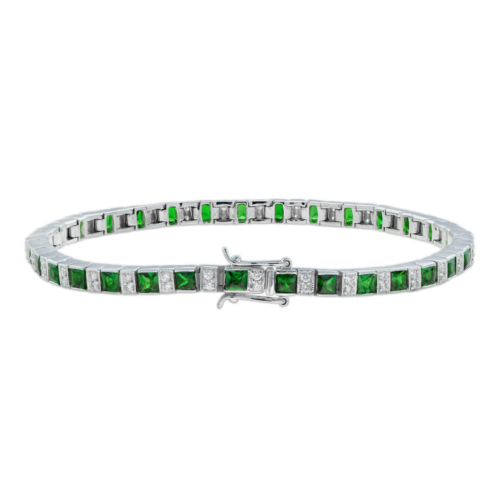 Square Green Tsavorite & Diamond Art Deco Style Tennis Line White Gold Bracelet