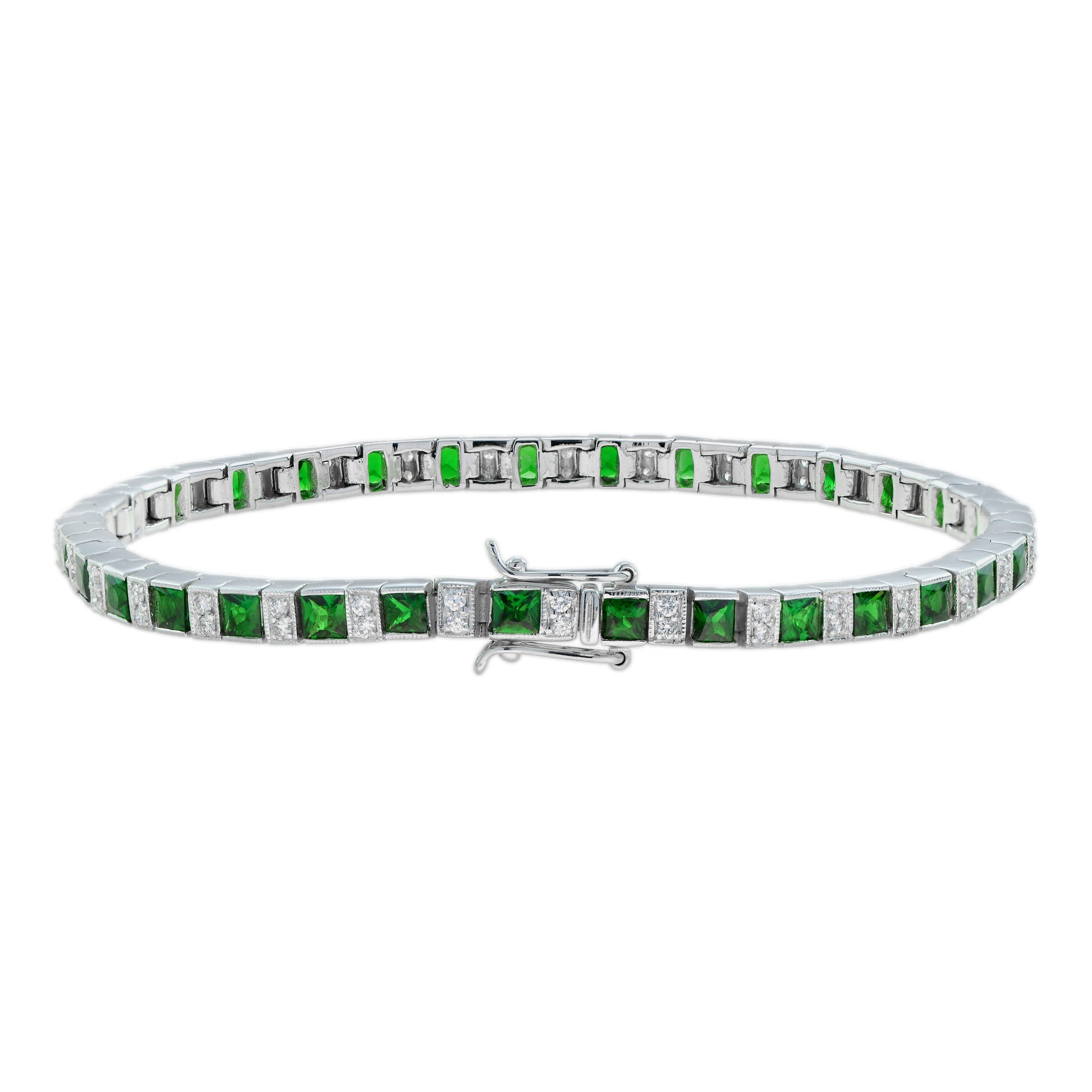 Square Green Tsavorite & Diamond Art Deco Style Tennis Line White Gold Bracelet