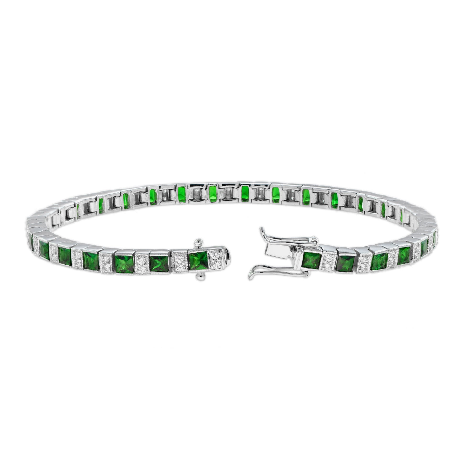Square Green Tsavorite & Diamond Art Deco Style Tennis Line White Gold Bracelet