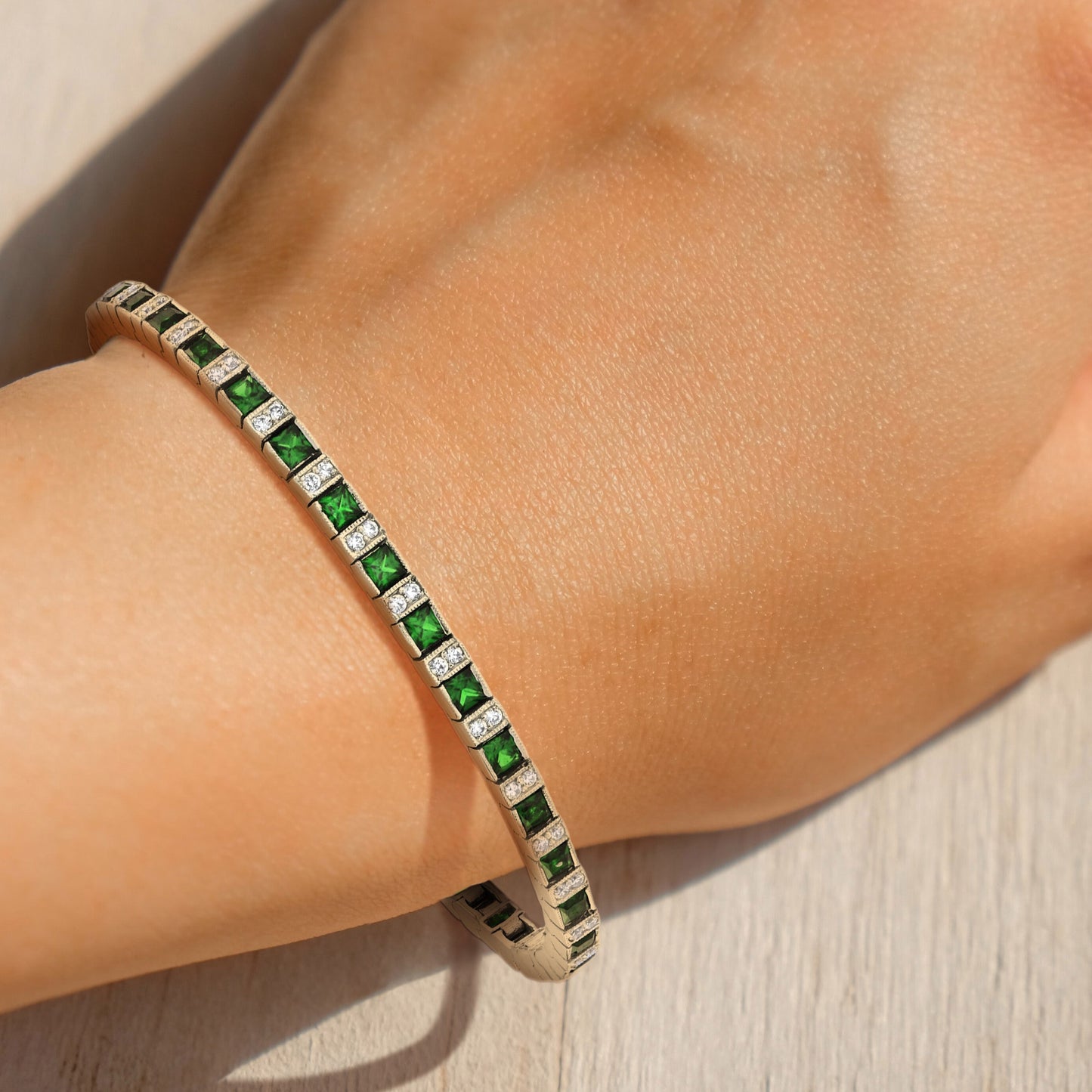 art deco style square green emerald & diamond white gold line tennis bracelet