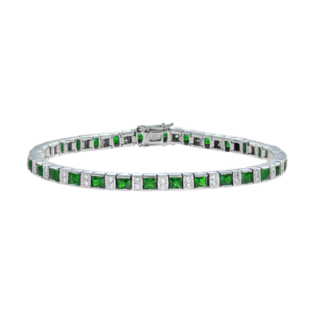 6.39 ctw Art Deco Style Emerald & Diamond Line Tennis Square 14K White Gold Bracelet