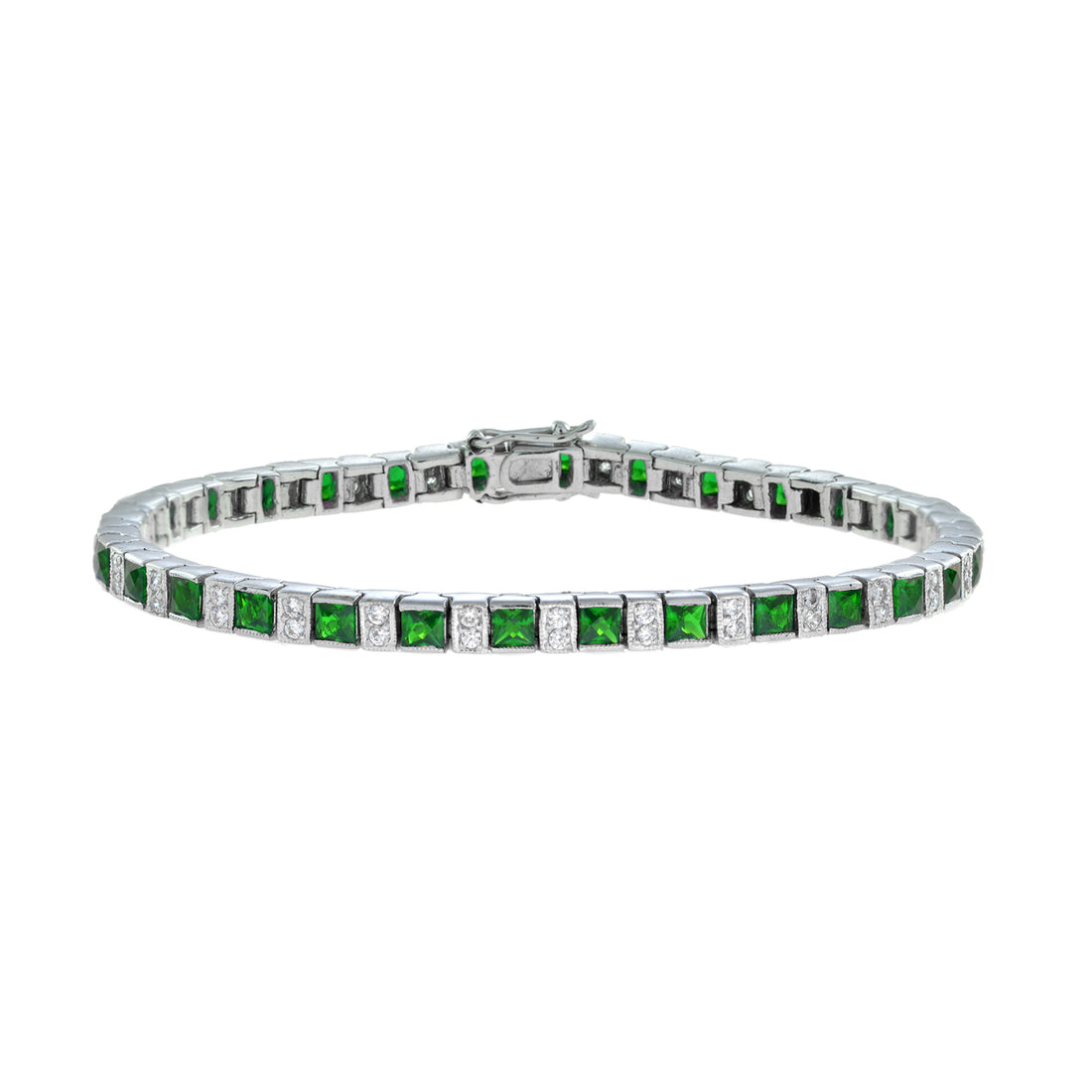 Art Deco Style Square Green Emerald &amp; Diamond White Gold Line Tennis Bracelet