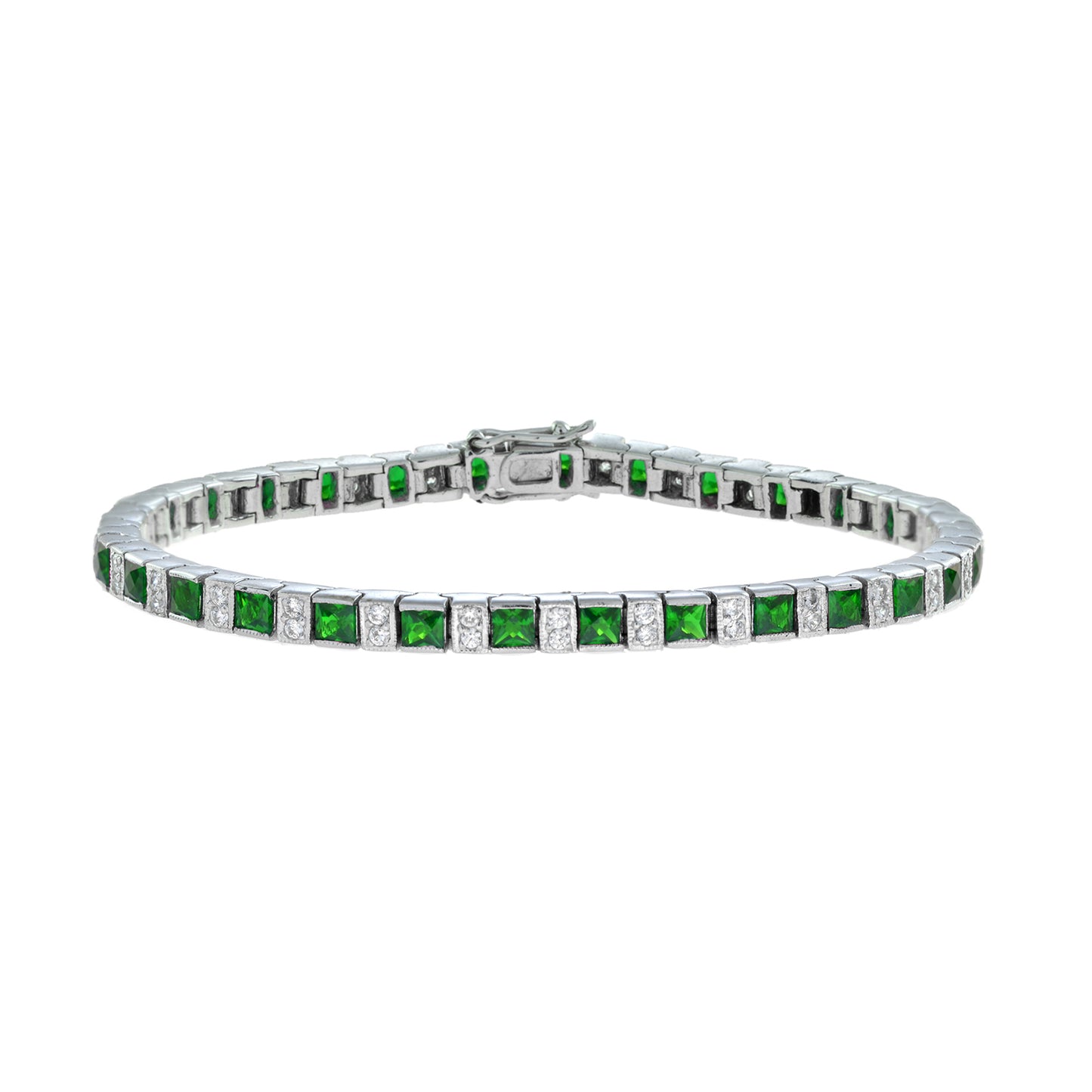 art deco style square green emerald & diamond white gold line tennis bracelet