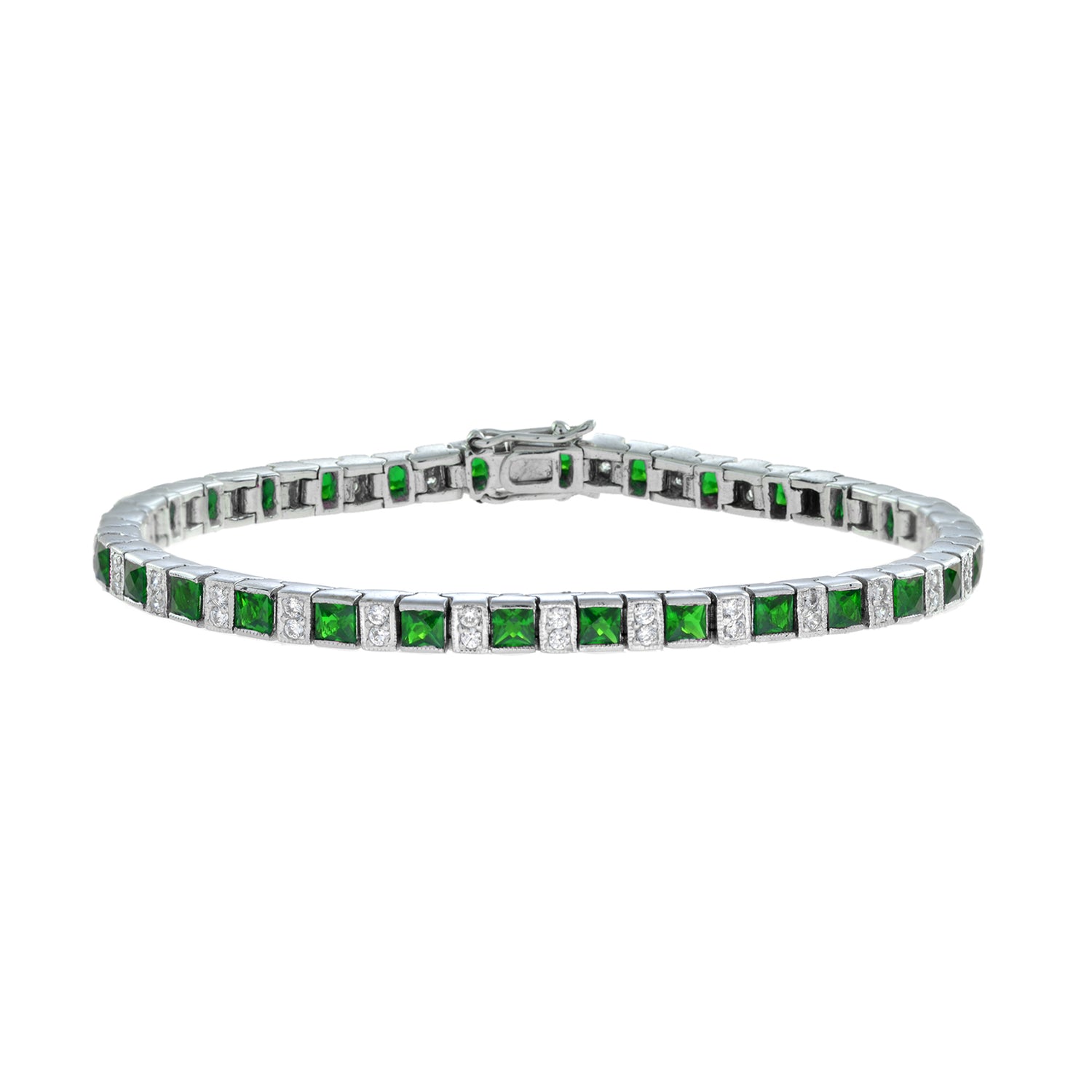 Art Deco Style Square Green Emerald &amp; Diamond White Gold Line Tennis Bracelet