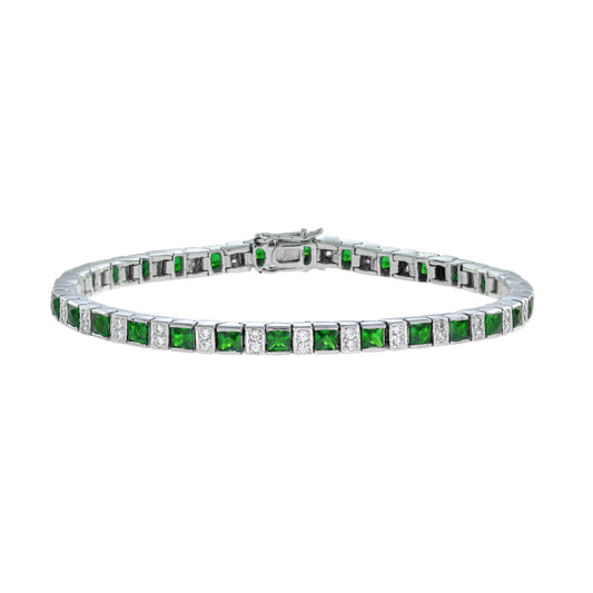 Art Deco Style Square Green Emerald & Diamond White Gold Line Tennis Bracelet