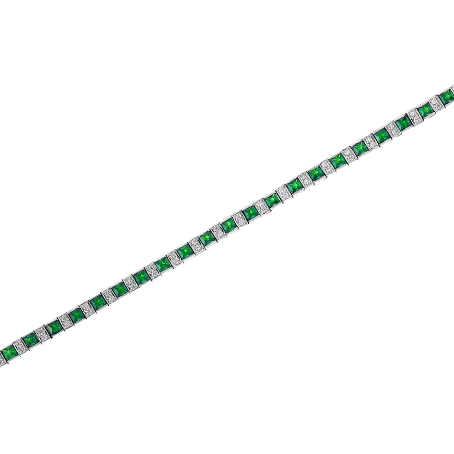 art deco style square green emerald & diamond white gold line tennis bracelet