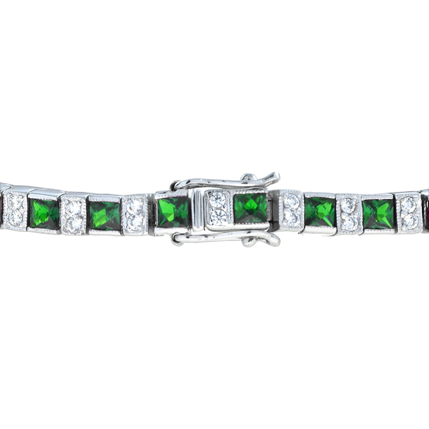 Art Deco Style Square Green Emerald &amp; Diamond White Gold Line Tennis Bracelet