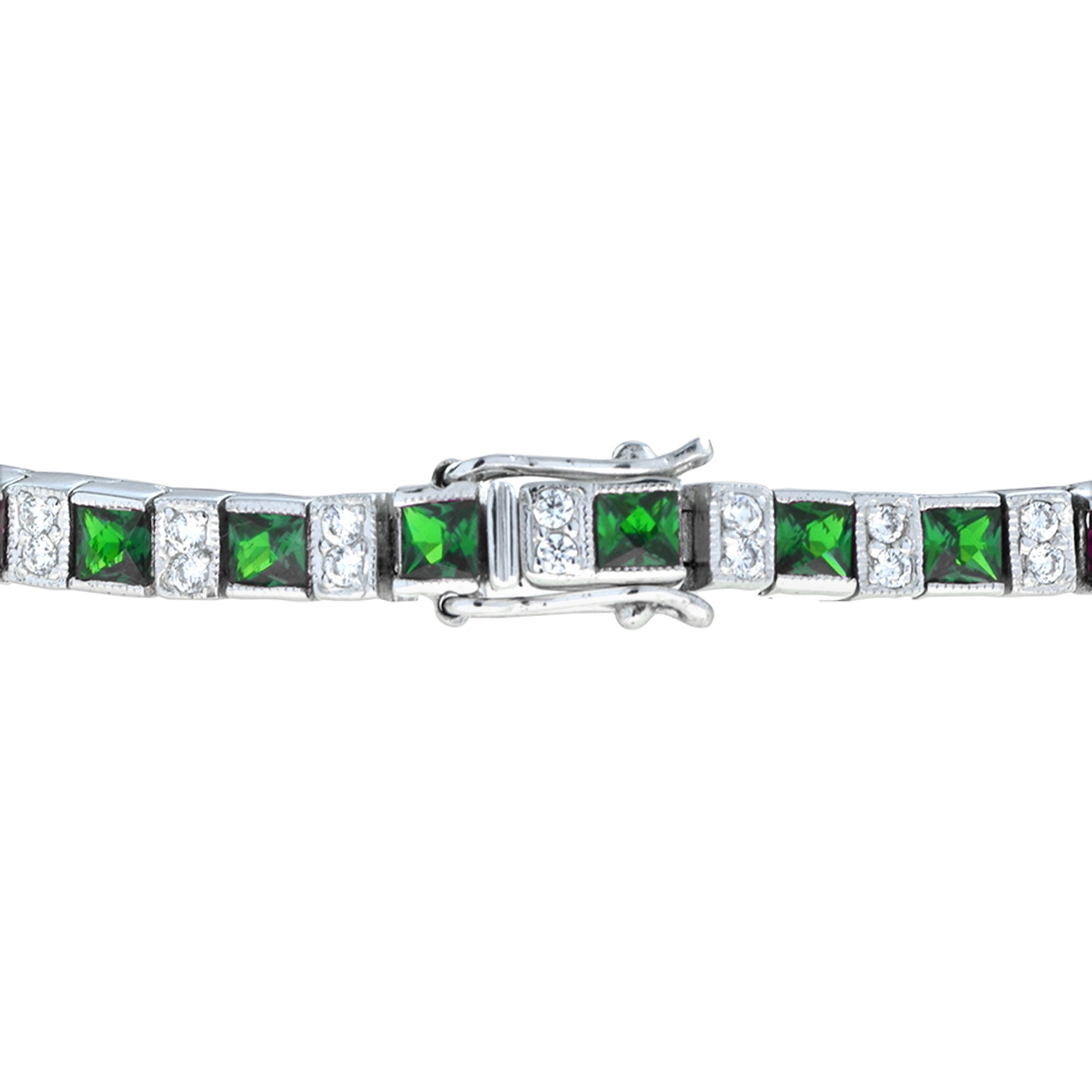 Art Deco Style Square Green Emerald & Diamond White Gold Line Tennis Bracelet