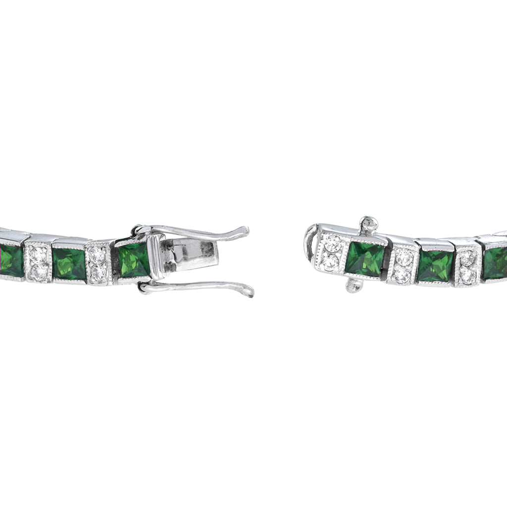 6.39 ctw Art Deco Style Emerald & Diamond Line Tennis Square 14K White Gold Bracelet