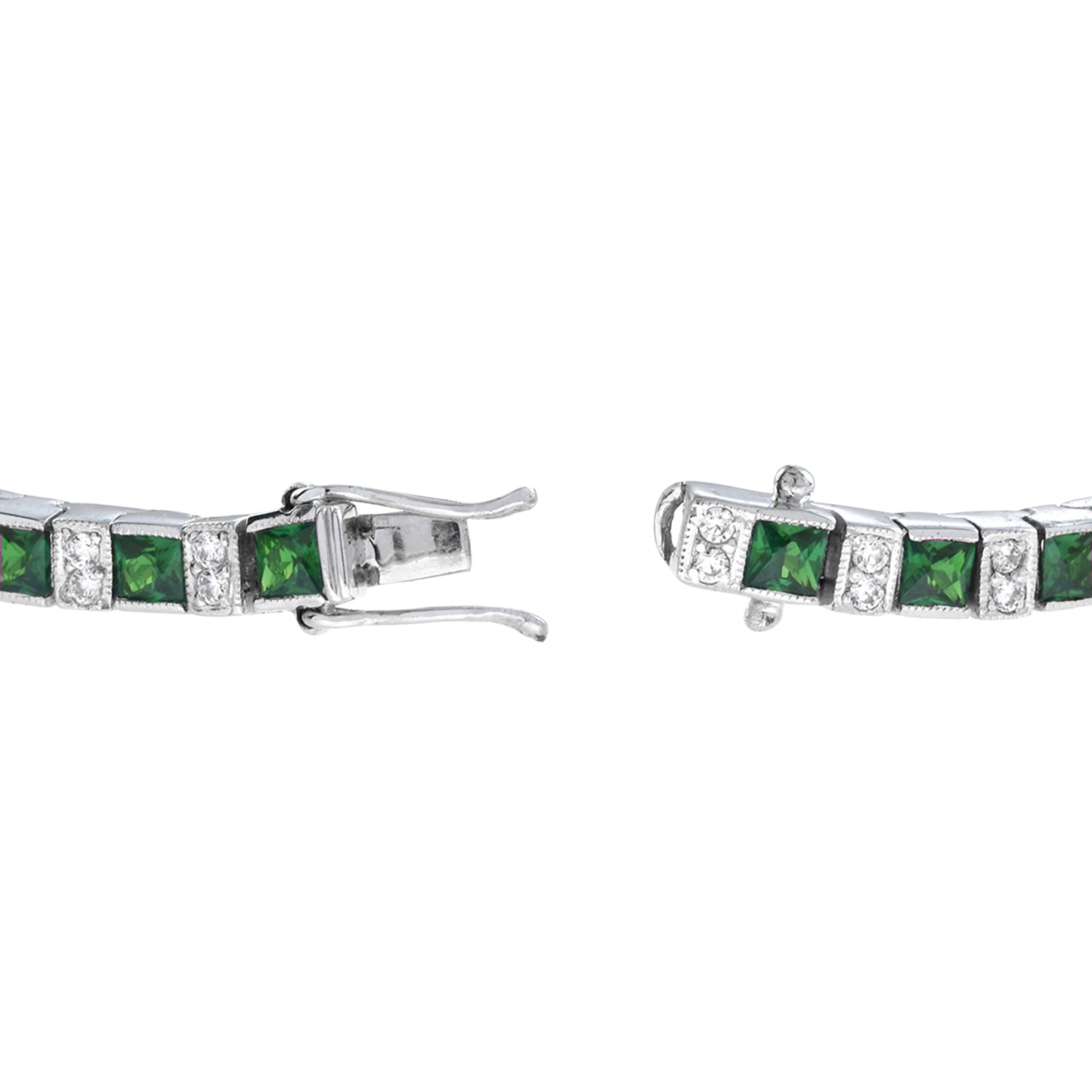 art deco style square green emerald & diamond white gold line tennis bracelet