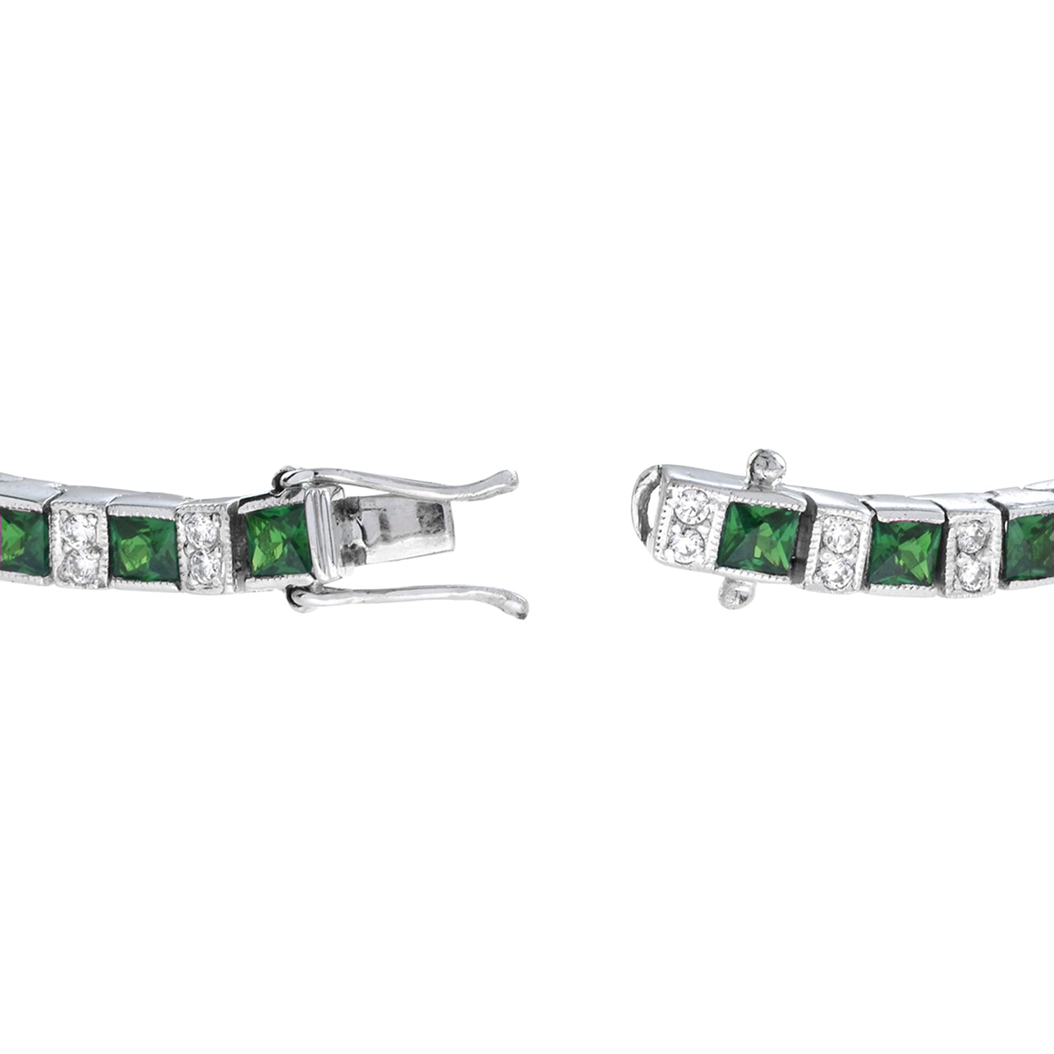 Art Deco Style Square Green Emerald &amp; Diamond White Gold Line Tennis Bracelet