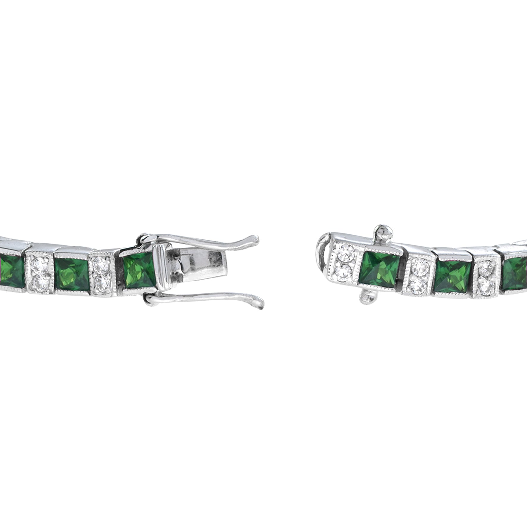 Art Deco Style Square Green Emerald &amp; Diamond White Gold Line Tennis Bracelet