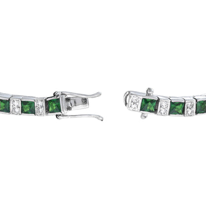 Art Deco Style Square Green Emerald & Diamond White Gold Line Tennis Bracelet