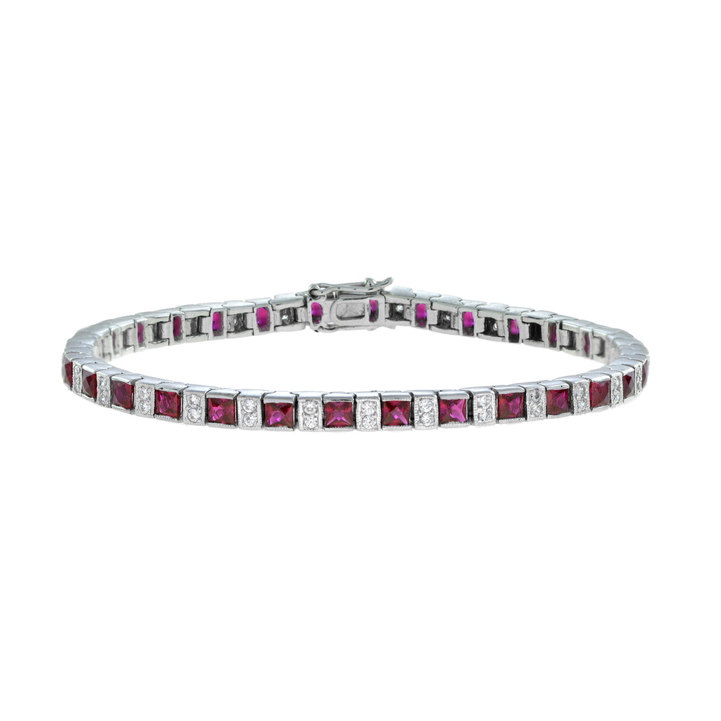 Art Deco Style Alternated Square Red Ruby & Diamond Line 14K White Gold Bracelet