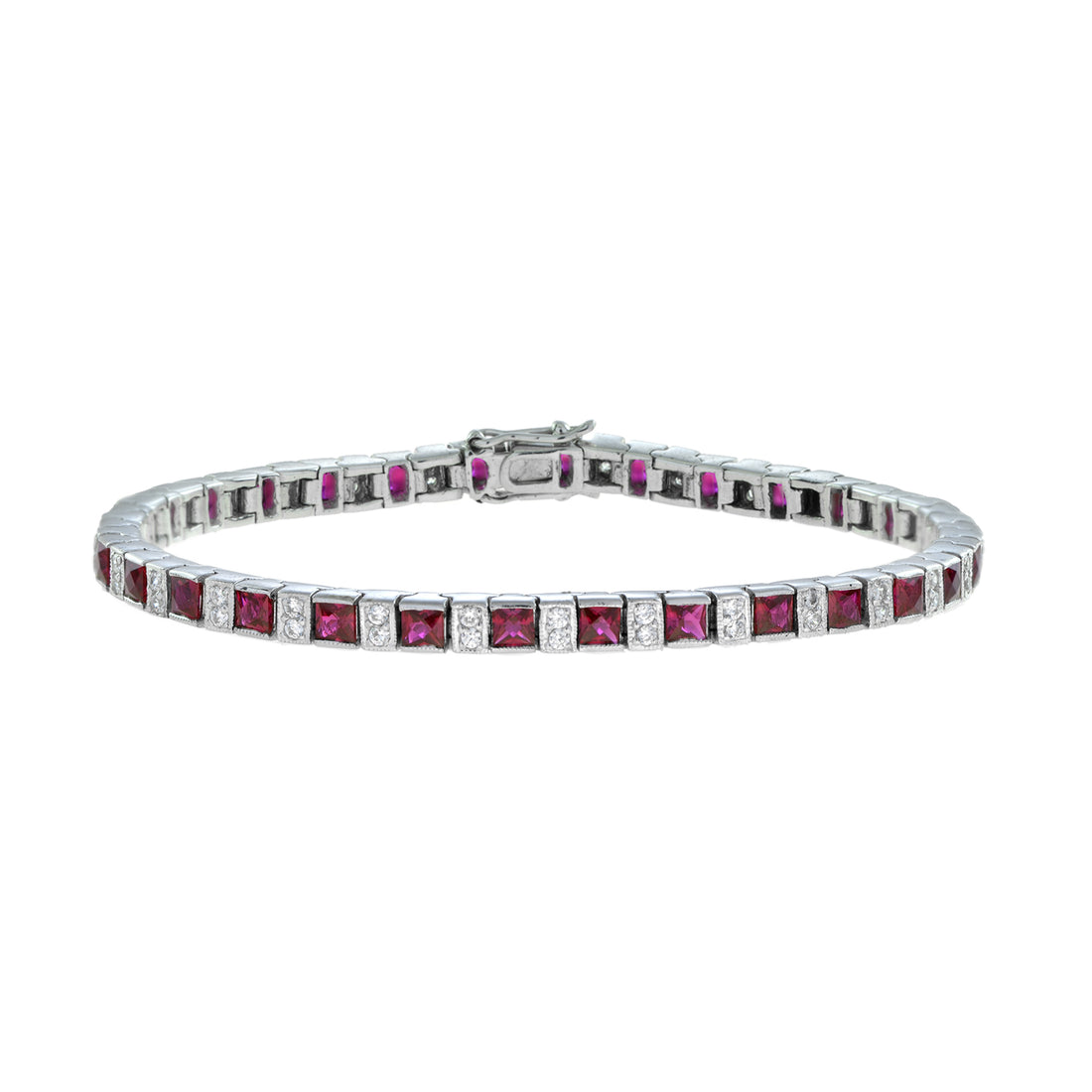 Art Deco Style Alternated Square Red Ruby &amp; Diamond Line 14K White Gold Bracelet