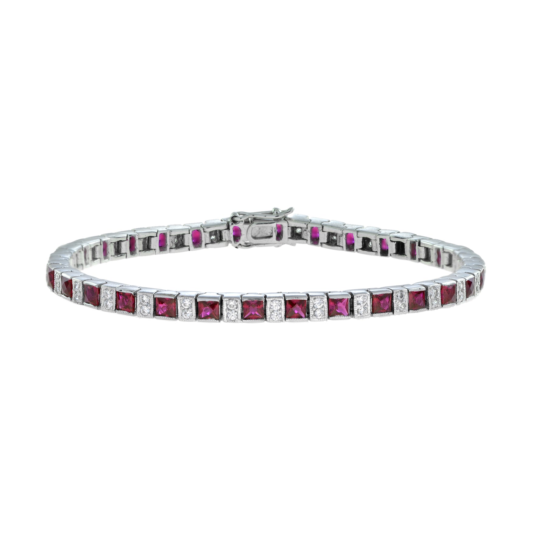Art Deco Style Alternated Square Red Ruby & Diamond Line 14K White Gold Bracelet