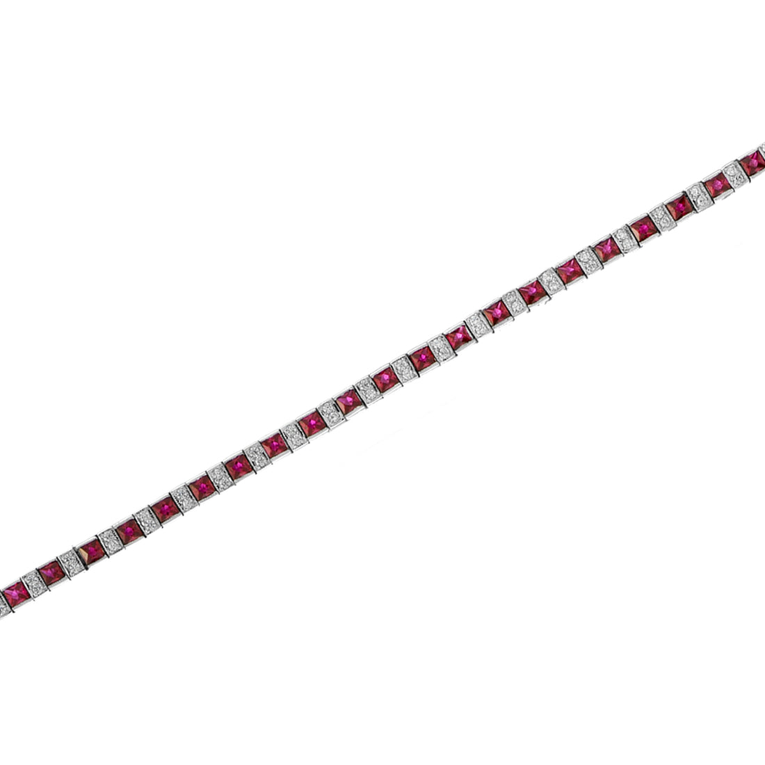 Art Deco Style Alternated Square Red Ruby &amp; Diamond Line 14K White Gold Bracelet