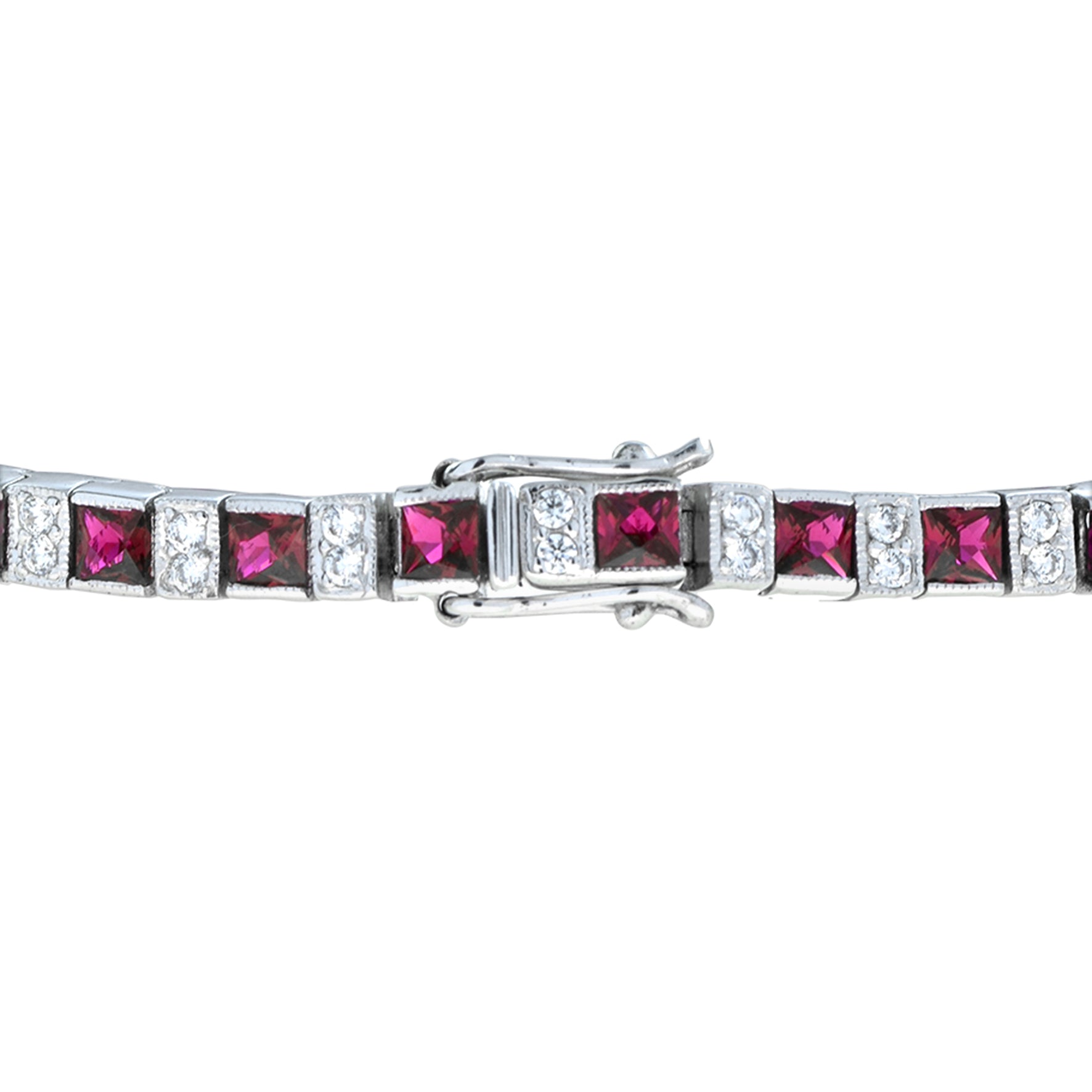 Art Deco Style Alternated Square Red Ruby & Diamond Line 14K White Gold Bracelet
