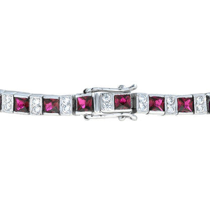 Art Deco Style Alternated Square Red Ruby & Diamond Line 14K White Gold Bracelet