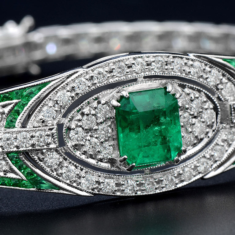 Green Emerald & Diamond Art Deco Style 18K White Gold Unique Bracelet