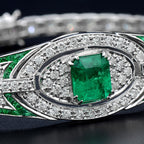 Green Emerald & Diamond Art Deco Style 18K White Gold Unique Bracelet