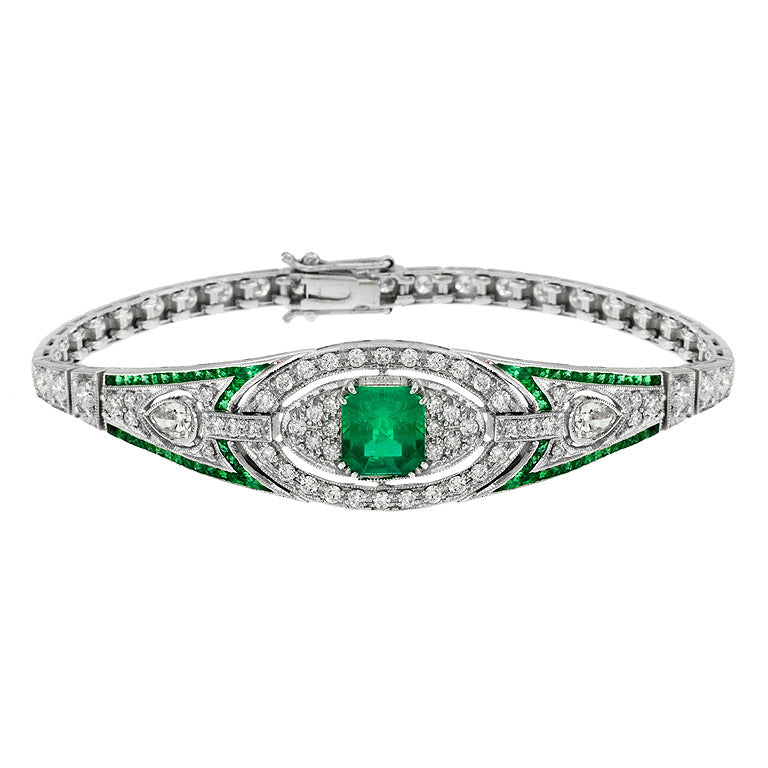 Green Emerald & Diamond Art Deco Style 18K White Gold Unique Bracelet