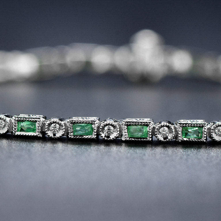 Art Deco Style  Baguette Emerald & Round Diamond Tennis Line White Gold Bracelet