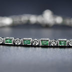 Art Deco Style  Baguette Emerald & Round Diamond Tennis Line White Gold Bracelet