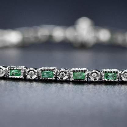 Art Deco Style  Baguette Emerald & Round Diamond Tennis Line White Gold Bracelet