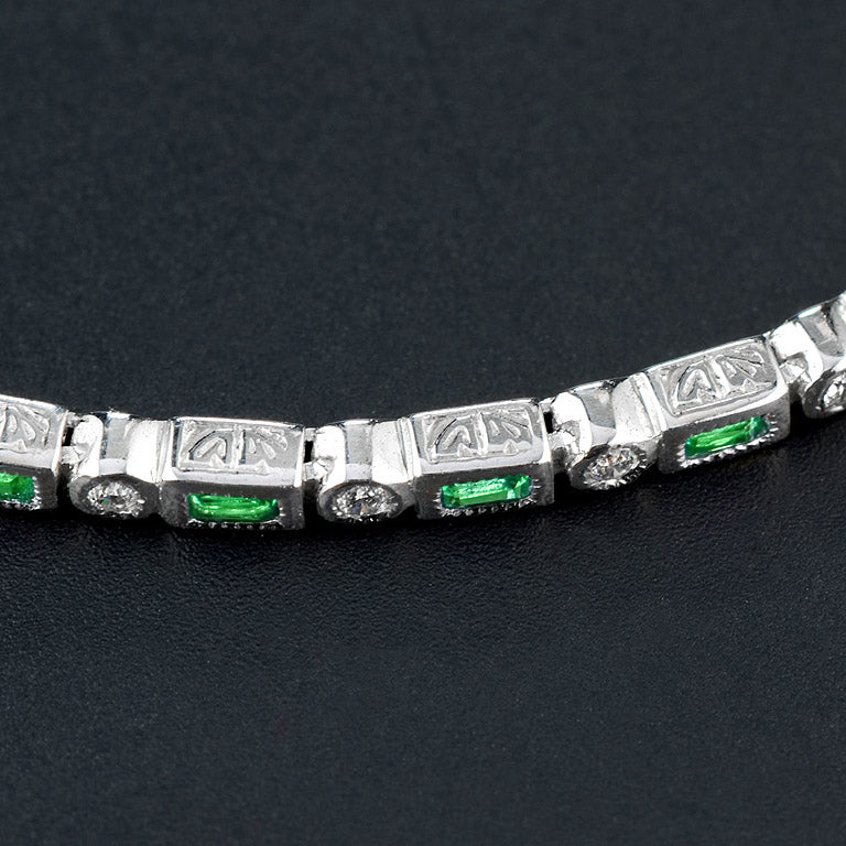 Art Deco Style  Baguette Emerald & Round Diamond Tennis Line White Gold Bracelet