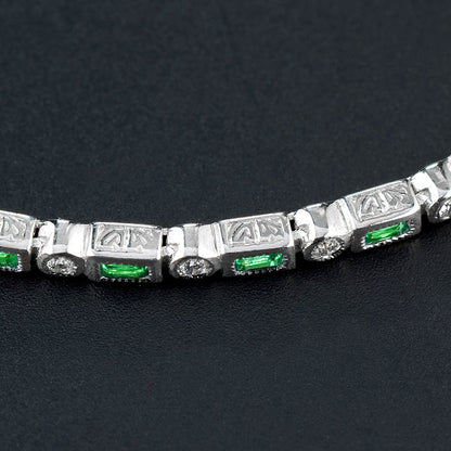 Art Deco Style  Baguette Emerald & Round Diamond Tennis Line White Gold Bracelet
