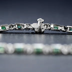 Art Deco Style  Baguette Emerald & Round Diamond Tennis Line White Gold Bracelet