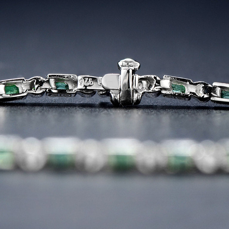 Art Deco Style  Baguette Emerald & Round Diamond Tennis Line White Gold Bracelet