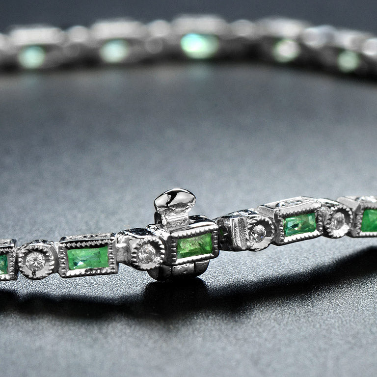 Art Deco Style  Baguette Emerald & Round Diamond Tennis Line White Gold Bracelet