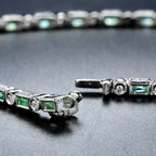 Art Deco Style  Baguette Emerald & Round Diamond Tennis Line White Gold Bracelet
