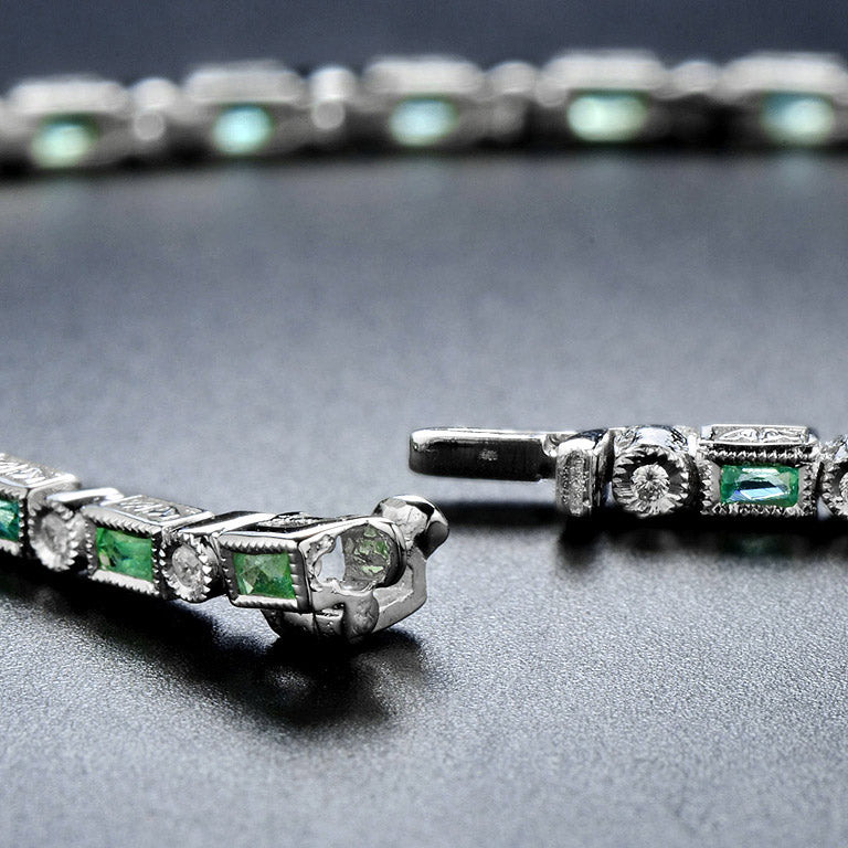 Art Deco Style  Baguette Emerald & Round Diamond Tennis Line White Gold Bracelet
