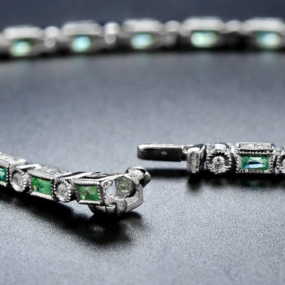 Art Deco Style  Baguette Emerald & Round Diamond Tennis Line White Gold Bracelet